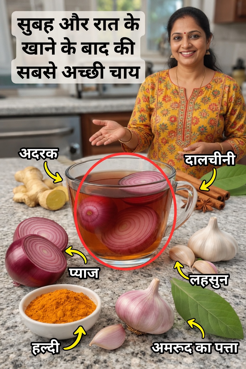 अदरक, हल्दी, प्याज़, लहसुन, दालचीनी और अमरूद के पत्ते वाली सुबह और रात के खाने के बाद की चाय की रेसिपी