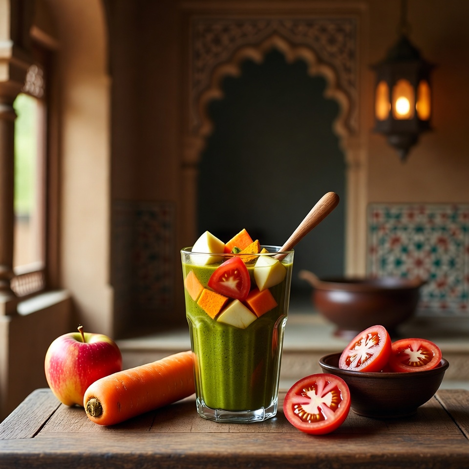 आंखों और मस्तिष्क के समर्थन के लिए एक सरल सेब, गाजर, टमाटर और हल्दी स्मूदी की शक्ति खोजें