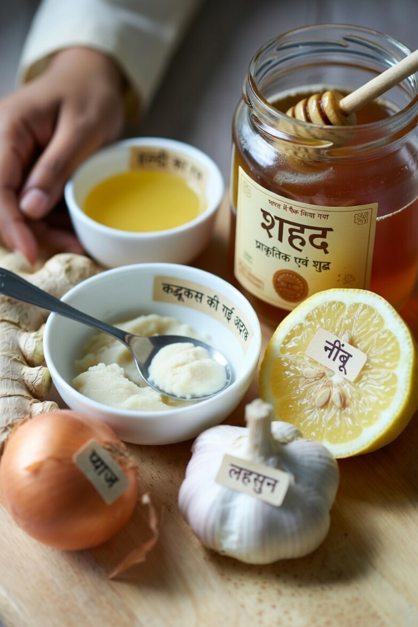 घर पर कसा हुआ अदरक, प्याज, लहसुन, नींबू का रस और शहद का मिश्रण तैयार करने की सरल मार्गदर्शिका