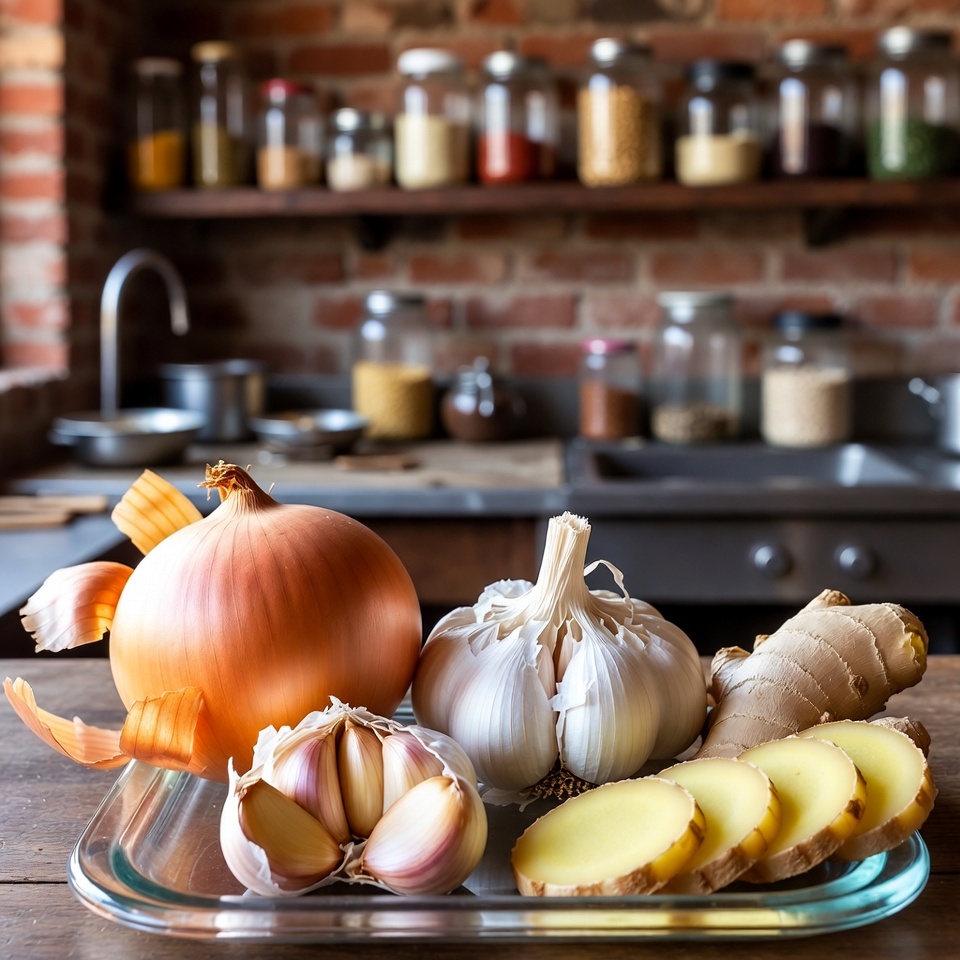 एक बड़ा प्याज, लहसुन और अदरक लें। उन्हें टुकड़ों में काटकर एक एयरटाइट डिब्बे के अंदर रख दें, फिर देखें क्या होता है।