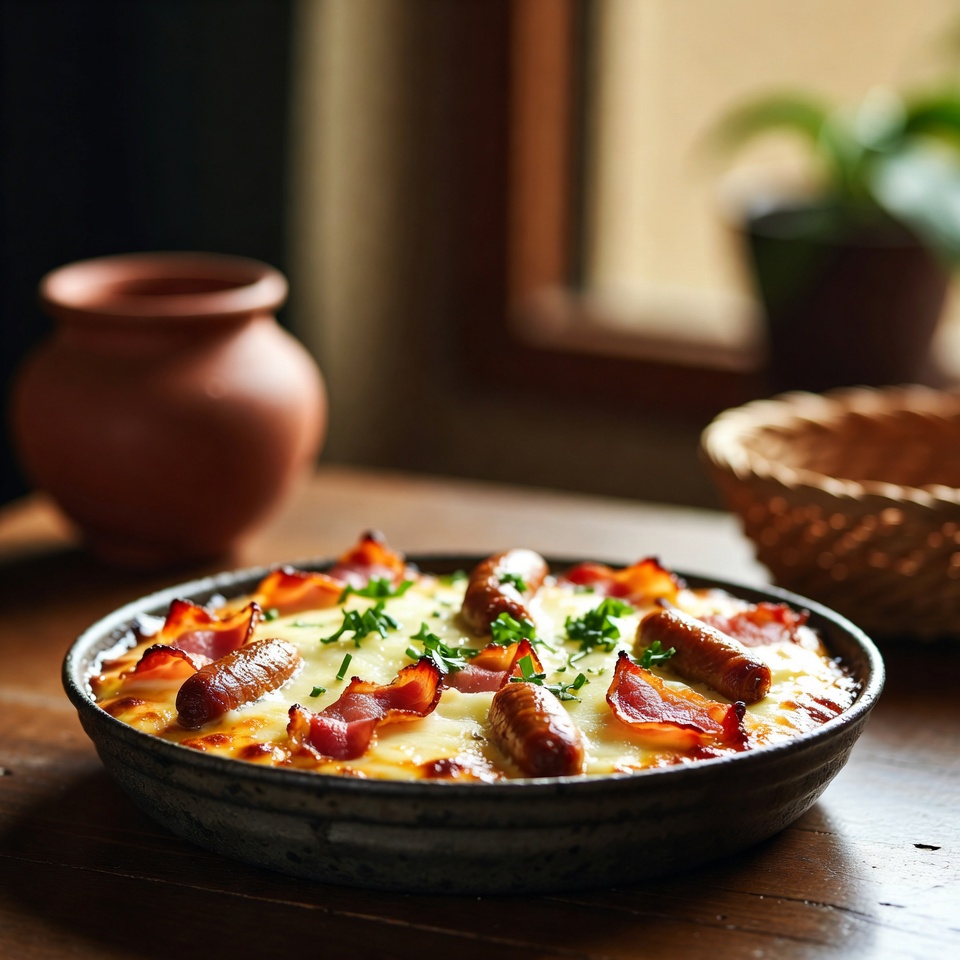 पनीरी बेकन और सॉसेज ब्रेकफ़ास्ट बेक